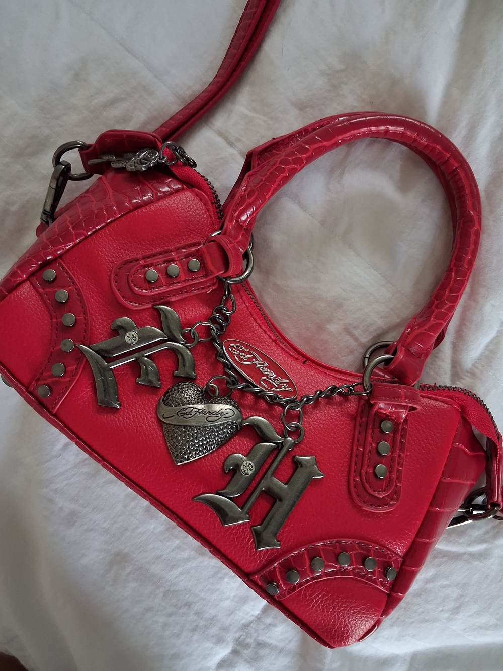 Ed Hardy Red Mini Satchel with Silver Charm Accents